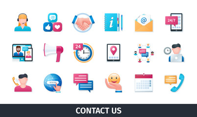 Contact us 3d vector icon set. Handshake, email, information, chat, customers, schedule, help, call support. Realistic objects in 3D style