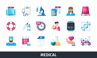 Medical 3d vector icon set. Healthcare, support, doctor, ambulance, prescription, dna, hospital, nurse. Realistic objects in 3D style