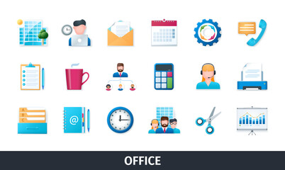 Office 3d vector icon set. Business, teamwork, schedule, call, documents, calculator, printer, email, graph. Realistic objects in 3D style