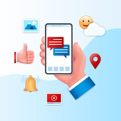 Online social media communication banner. Mobile phone with comments on the screen. Like, video, photo gallery and emoji icons. Web vector illustration in 3D style
