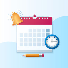 Reminder in calendar banner. Bell, calendar, pen and clock icons. Web vector illustration in 3D style