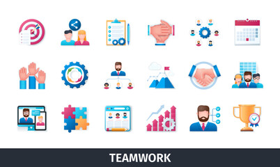 Teamwork 3d vector icon set. Business, team, development, volunteer, handshake, win, plan, goals, employees. Realistic objects in 3D style - obrazy, fototapety, plakaty