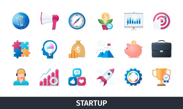 Startup 3d vector icon set. Business, teamwork, graph, opportunity, social media, investment, idea, development. Realistic objects in 3D style
