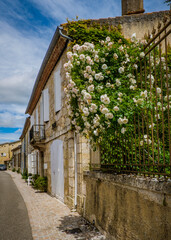 Quaint and flowery facades of townhouses with colorful wooden shutters and doors in the village of...