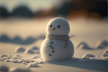Obraz premium Schneemann in Winterlandschaft bei Sonnenuntergang