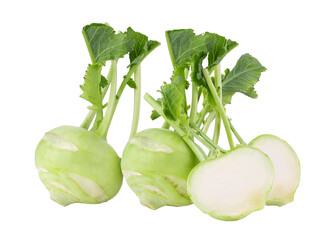 Fresh kohlrabi with green leaves on transparent png