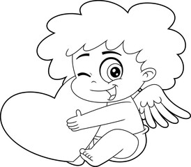 Outlined Winking Cupid Baby Cartoon Character Holding Heart. Vector Hand Drawn Illustration Isolated On Transparent Background
