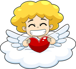 Smiling Cupid Baby Cartoon Character On Cloud With Red Heart. Vector Hand Drawn Illustration Isolated On Transparent Background