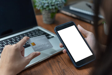 woman using smartphone mock up shopping purchasing online, paying by credit card, making payment, checking balance, browsing internet banking service.