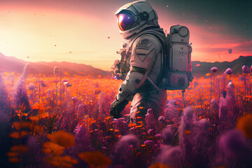 Fototapeta na wymiar Astronaut in field of flowers exploring unknown planet location at sunset. Digitally generated AI image