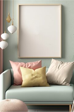 Mockup frame in room interior in light pastel colors, Scandi-Boho style