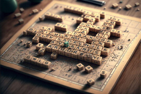 Scrabble game table, close up. Generated AI