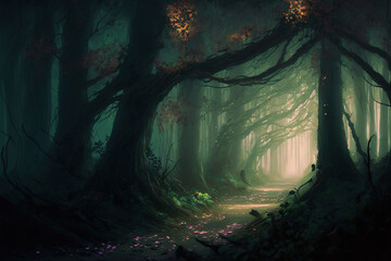 Dark fantasy fairy forest. AI © OleksStyle