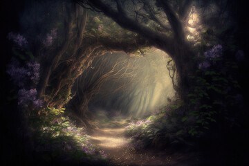 Dark fantasy fairy forest. AI