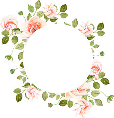 Watercolor floral frame, pink roses with green leaves, foliage, wedding invitation, greeting card design, banner, flower wreath, boho vintage illustration