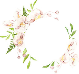 Watercolor floral rhombus frame, beige orchids with green leaves, foliage, wedding invitation, greeting card design, banner, flower wreath, boho vintage illustration
