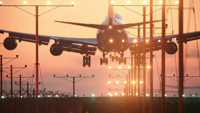Jumbo jet plane landing in airport at sunset.