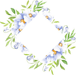 Watercolor floral frame, blue roses with green leaves, foliage, wedding invitation, greeting card design, banner, flower wreath, boho vintage illustration