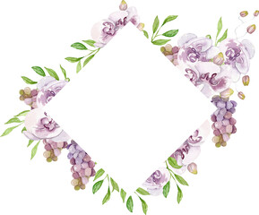 Watercolor floral rhombus frame, violet orchids with green leaves and grape, foliage, wedding invitation, greeting card design, banner, flower wreath, boho vintage illustration