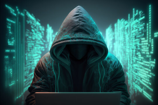 Hacker in hoodie coding, Generative AI.