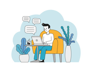 man sitting on sofa chair work and chat with laptop in cafe with coffee in take away cup, indoor plant	