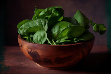 Young spinach in wooden bowl
