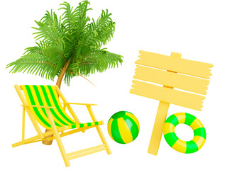 Summer sale banner with beach ball, sunshade and topical leaves