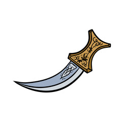 Arab dagger with curved blade. Omani culture and weapons. Yemeni knife with ornament. Flat illustration