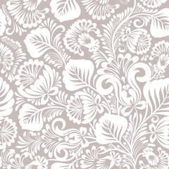 Floral seamless pattern with curve elements. Elegant wallpaper, wrapping, textile design