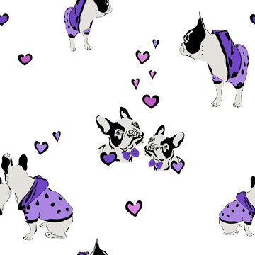 Dogs seamless pattern. French bulldog in a suit. Cute animal print. Packaging template, graphic design, textiles, bedding and wallpaper.