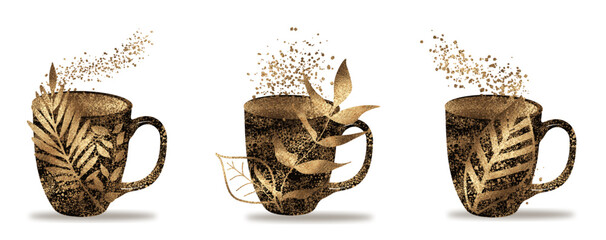 Decorative coffee mugs with plant motifs in gold design. Coffee cups - Coffee time for coffee lovers. Coffee cups isolated on a white background. Coffee print design. 