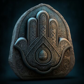 Computer generated image of carved stone hand of Fatima. The religious mythologic symbol of divine protection.