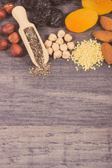 Food containing natural iron and other vitamins and minerals. Healthy eating. Place for text