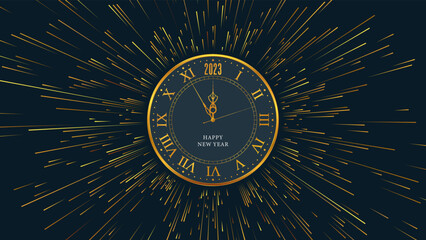 New Year 2023 background with gold watch, clock. Abstract vector illustration