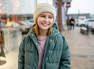 Preteen girl street portrait in city