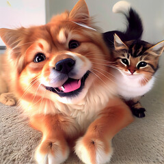 Fototapeta na wymiar Happy dog and cat friends posing together
