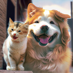 Happy dog and cat friends posing together