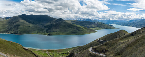 Yamdrok Lake seen from the Kamba La pass. Tibet's Sacred Yamdrok Tso Lake (Yamzho Yumco in...