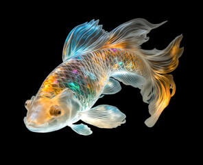 Fototapeta premium Iridescent Glass Koi Fish on Black Background, Generative AI