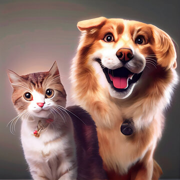 Happy dog and cat friends posing together and smiling
