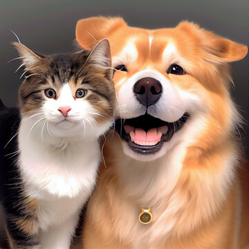 Happy dog and cat friends posing together