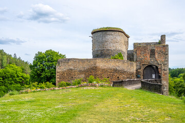 Krakove medieval castle with wooden bridge and entrance gate, Czech Republic