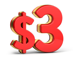 3d golden $3 isolated on background. 3d illustration.	