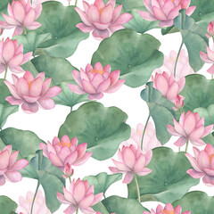 Watercolor seamless pattern with lotus, waterlily. Hand drawn floral illustration on white background. Chinese design