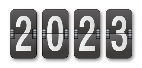 2023 Countdown timer with different numbers isolated on background. Clock counter art design. Graphic mechanical scoreboard panel element.