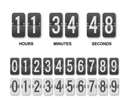 Clock countdown display. Set numbers flip watch. Black and white date counter flip display isolated on white background