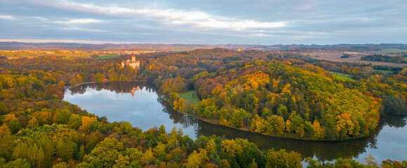 Konopiste medieval castle and Konopistsky water reservoir. Benesov, Czech Republic. Aerial view from drone.