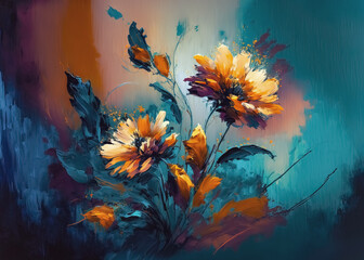 Still life painting with abstract colorful flowers, modern impressionism style - 557710804