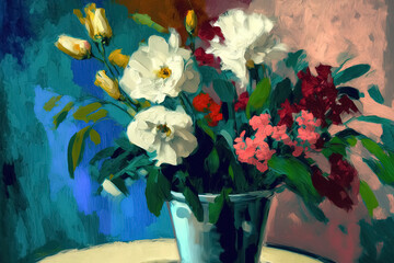 Still life painting with abstract colorful flowers, modern impressionism style