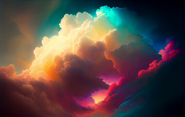Fantasy cumulus clouds in prismatic rich colors of red, orange, blue, gold and purple. Dreamlike concept art. Generative AI.
